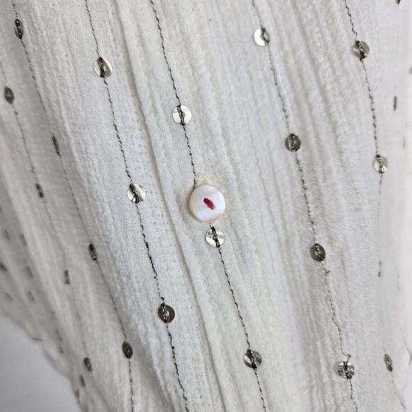 Feather Bone Gauzy Top Blouse Shirt Sz M White Sequins Accents Button Front Boho - Picture 3 of 14
